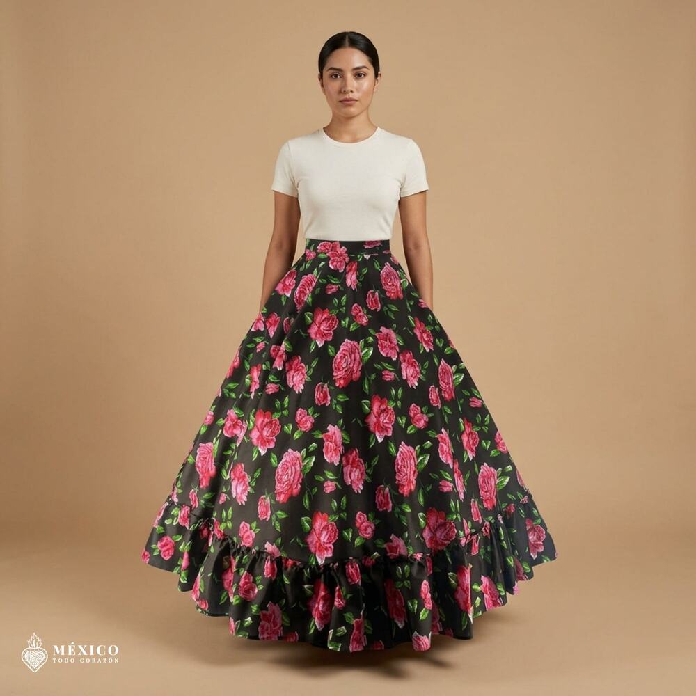 Mexican Floral Skirt – Traditional Folkloric Adjustable Waist Skirt
